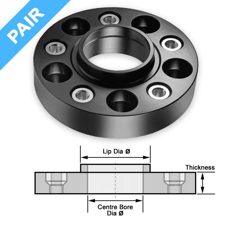 Dedicated Bolt-On Wheel Spacers (Pair) with Centre Bore Conversion Lip - Black